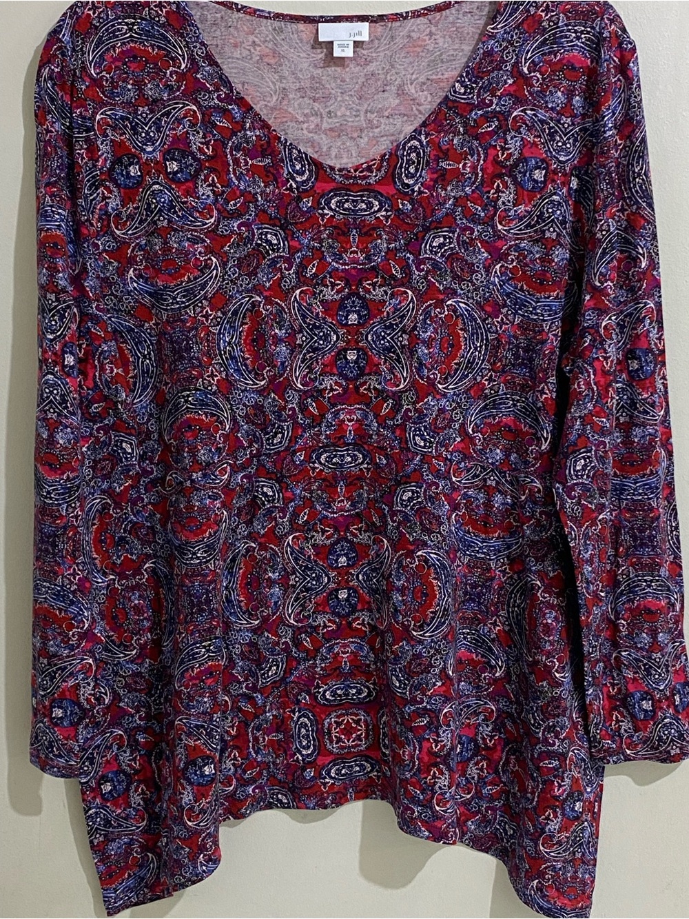 J Jill Red and Blue Paisley Long-Sleeve Top Size XL